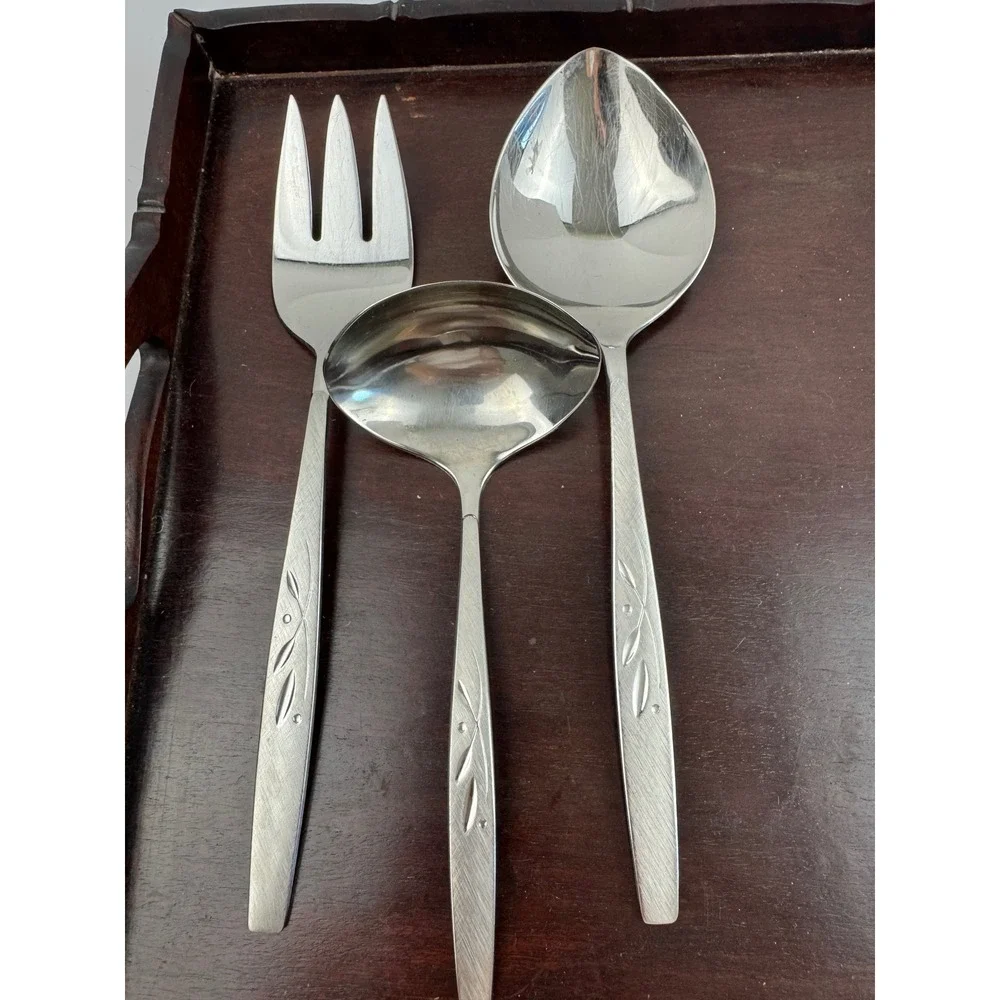 Oneida Will O Wisp Stainless Serving Set 3pc Fork Spoon Gravy Ladle Vintage MCM